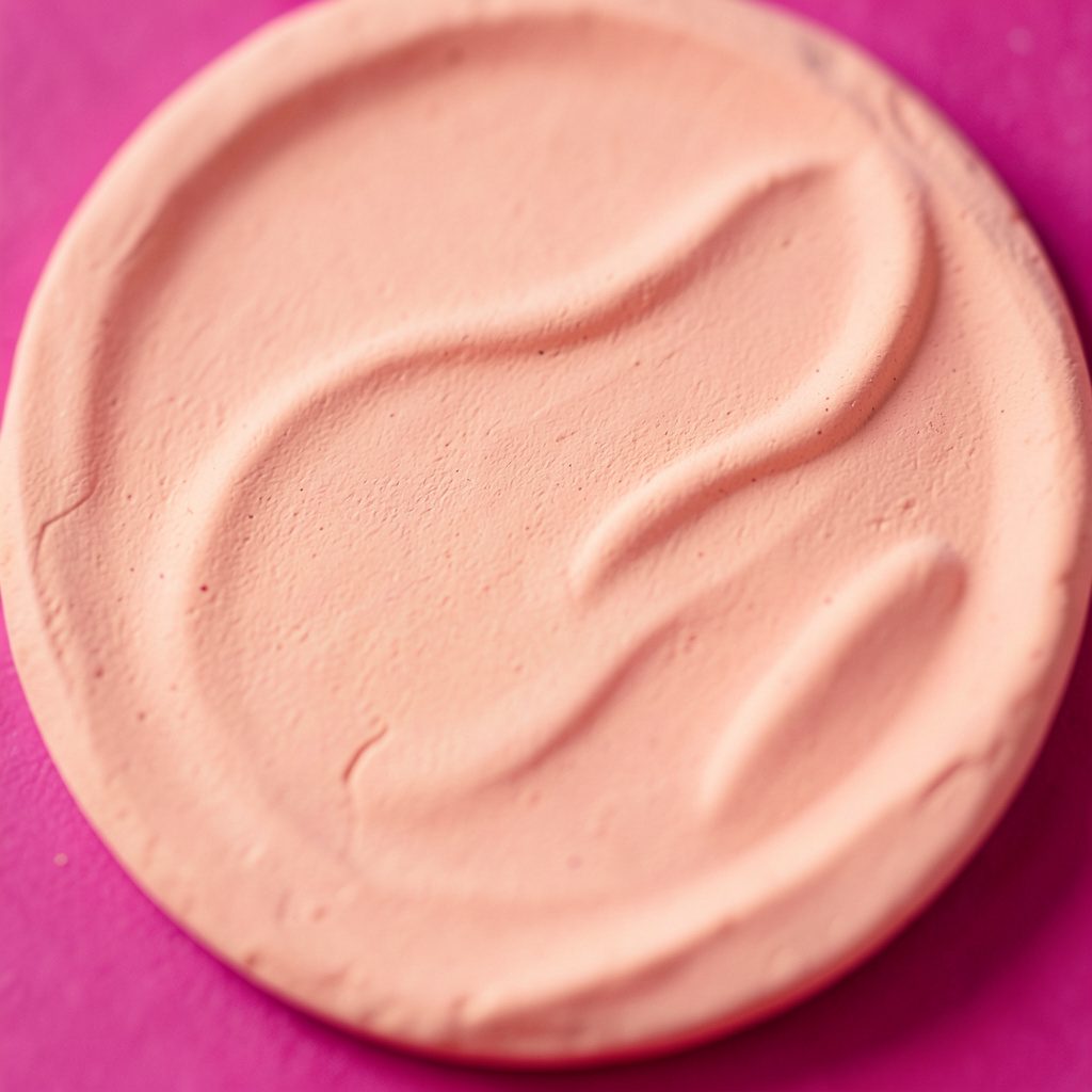 A circular abstract texture of soft peach-toned plaster with gentle undulations, no identifiable person.